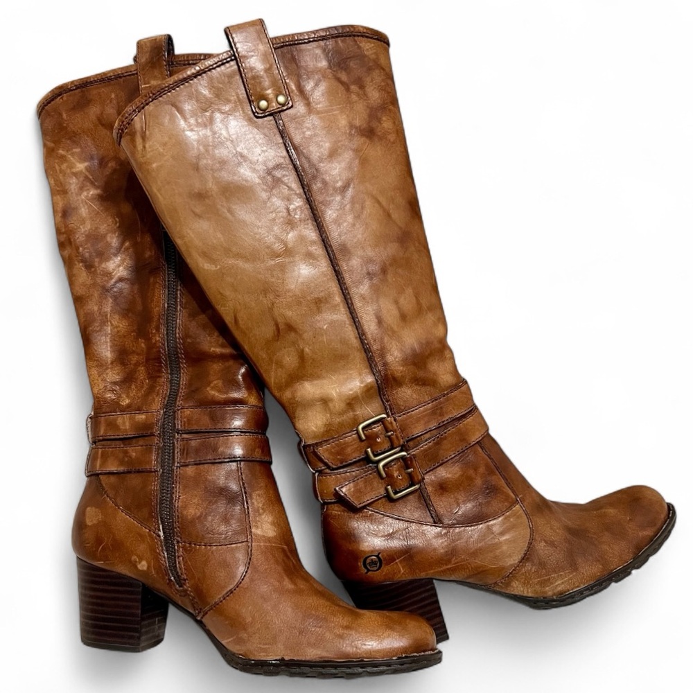 Brown Leather Strap Tall Born Milari double buckle block heel knee-high boots